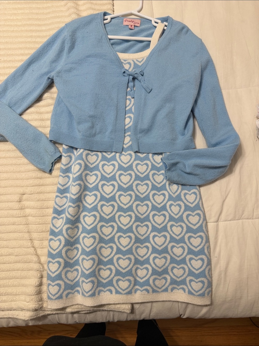 Pinky Light Blue Heart Knit Dress with Matching Cardigan